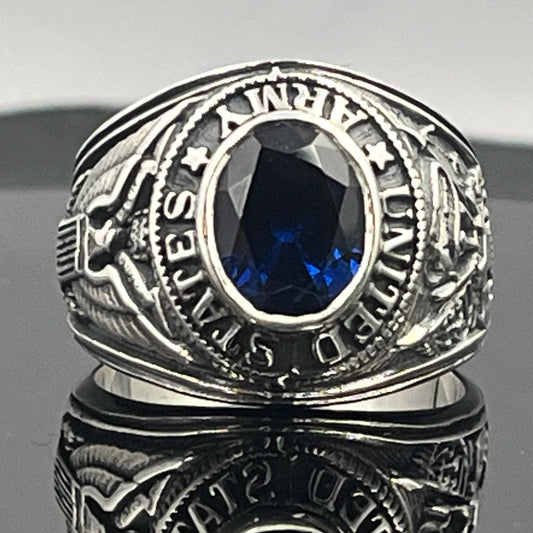 Sterling Silver US Army Ring: Dark Blue Spinel, WWII Veteran Gift, Militaria
