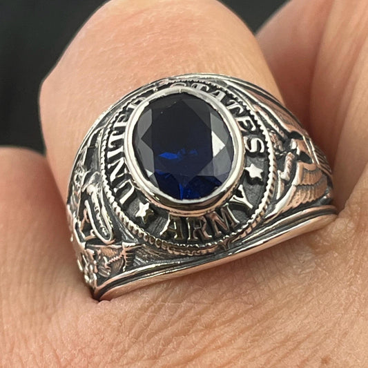 Sterling Silver US Army Ring: Dark Blue Spinel, WWII Veteran Gift, Militaria — 7