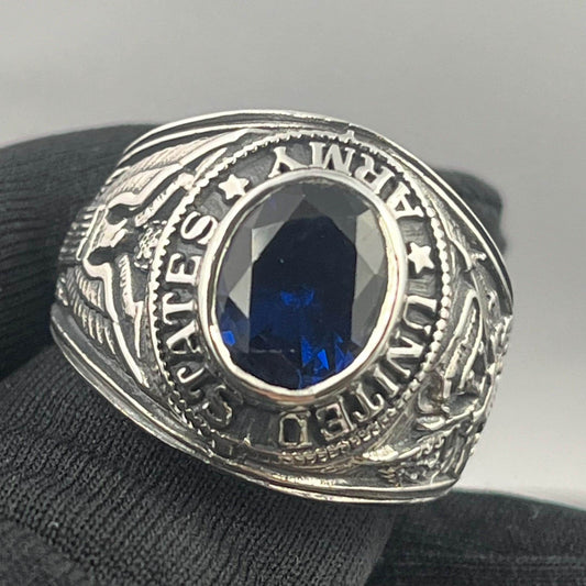 Sterling Silver US Army Ring: Dark Blue Spinel, WWII Veteran Gift, Militaria — 5