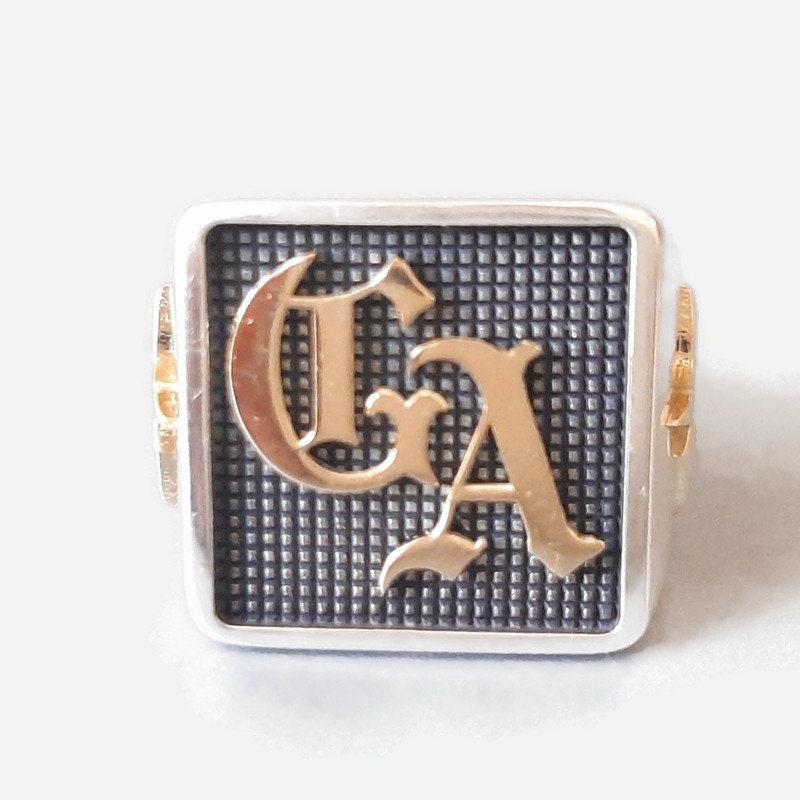 Sterling Silver Family Crest Ring: Oxidized Gold Letter, Square Top — 3