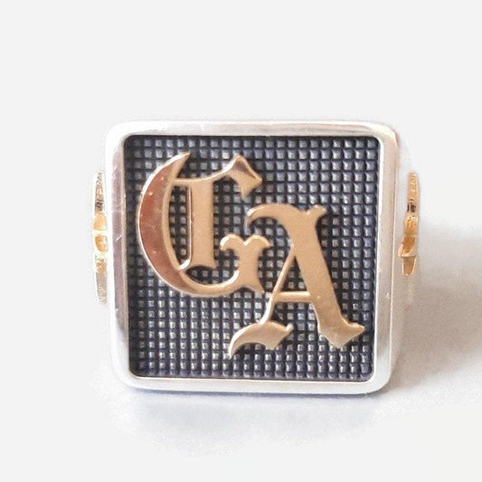 Sterling Silver Family Crest Ring: Oxidized Gold Letter, Square Top — 3