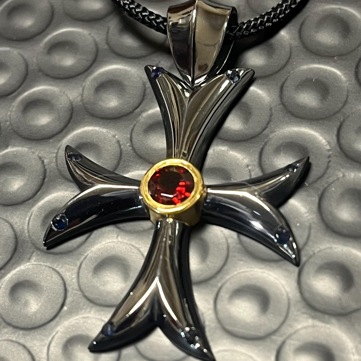 Templar Cross Pendant: Medieval Black Silver with Garnet and Sapphire (50mm) — 3