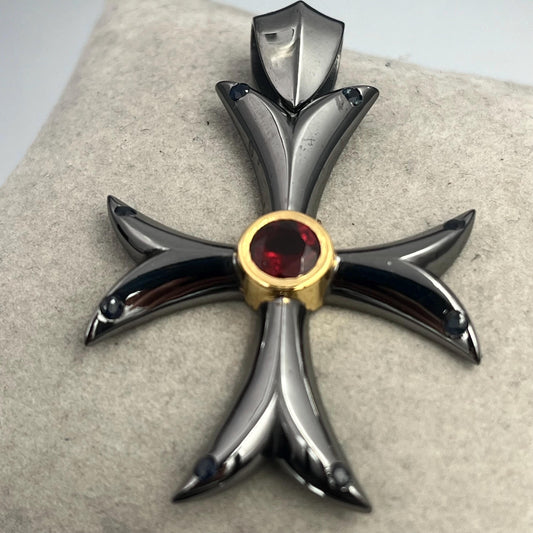 Templar Cross Pendant: Medieval Black Silver with Garnet and Sapphire (50mm) — 6