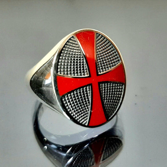 Templar Knight Ring: Red Enamel Cross - Sterling Silver Signet