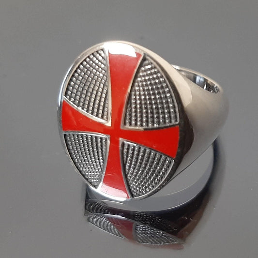 Templar Knight Ring: Red Enamel Cross - Sterling Silver Signet — 4