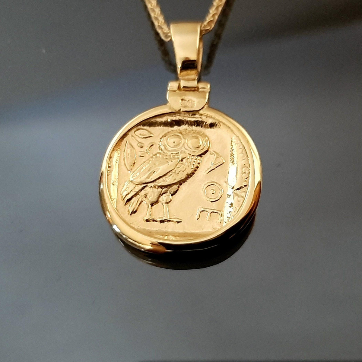 Athena Owl Coin Necklace, Solid Gold Pendant (17-22 inch Cord)