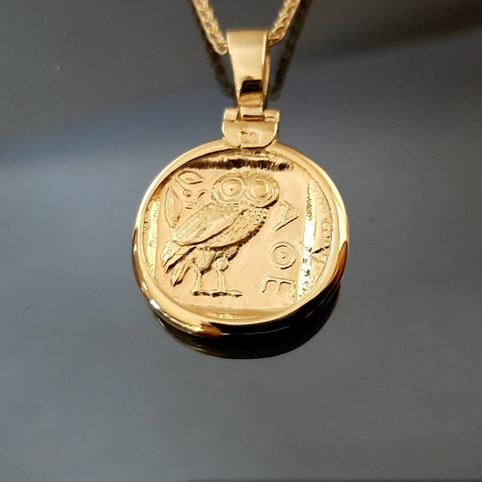 Athena Owl Coin Necklace, Solid Gold Pendant (17-22 inch Cord)