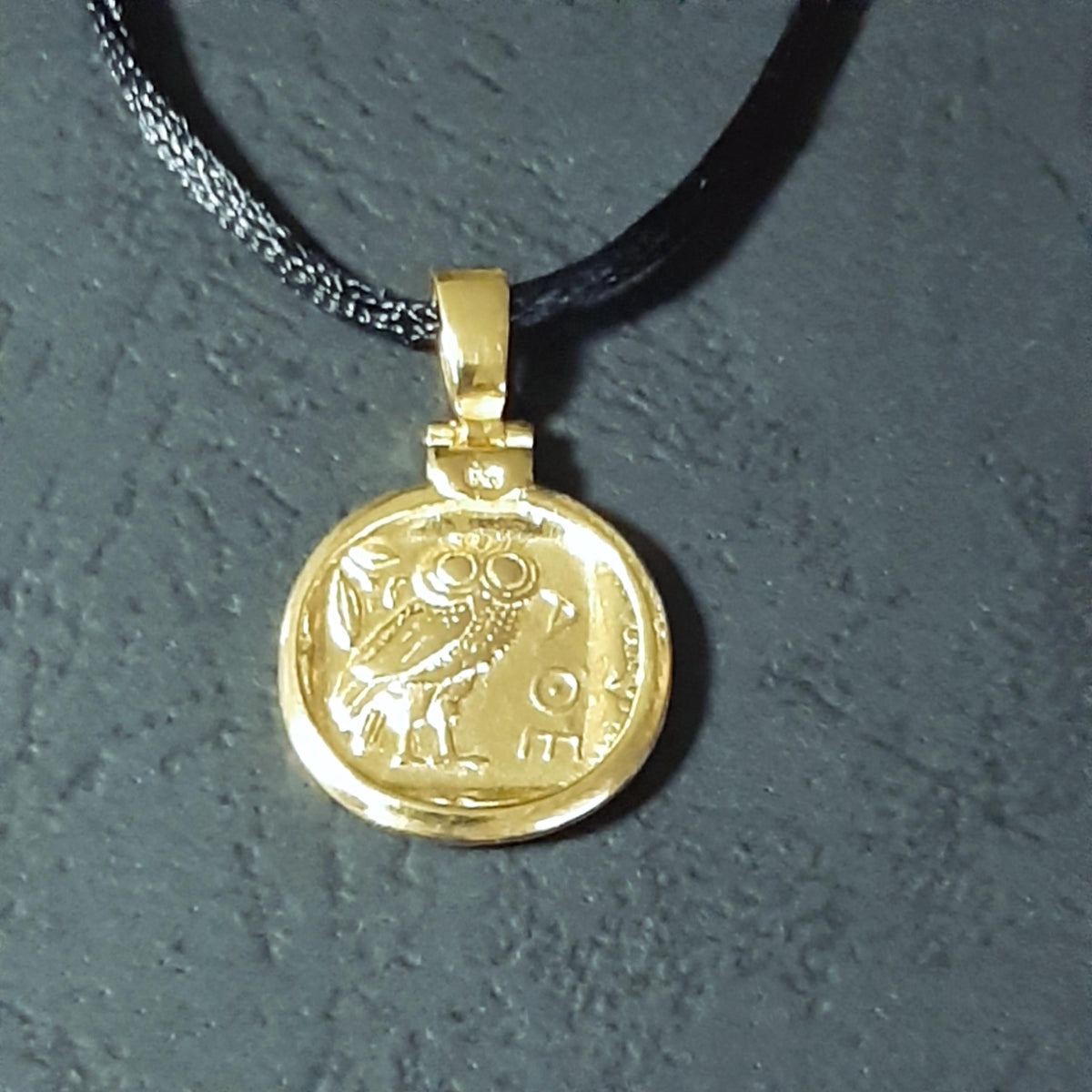 Athena Owl Coin Necklace, Solid Gold Pendant (17-22 inch Cord)
