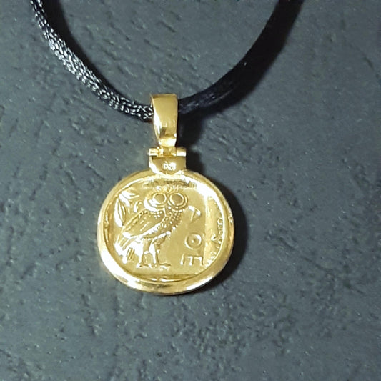 Athena Owl Coin Necklace, Solid Gold Pendant (17-22 inch Cord)