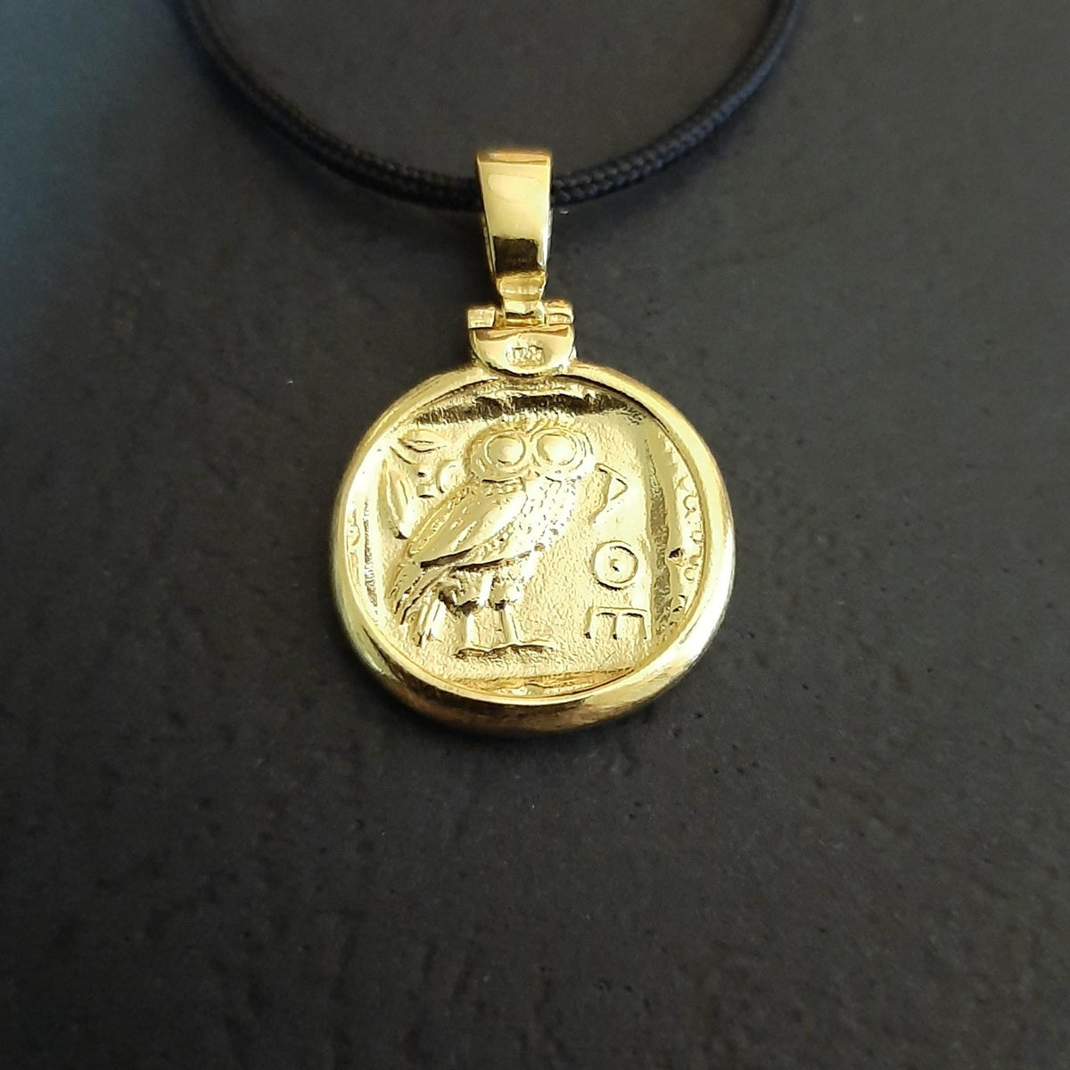 Athena Owl Coin Necklace, Solid Gold Pendant (17-22 inch Cord)