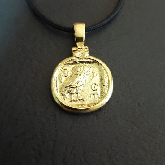 Athena Owl Coin Necklace, Solid Gold Pendant (17-22 inch Cord)