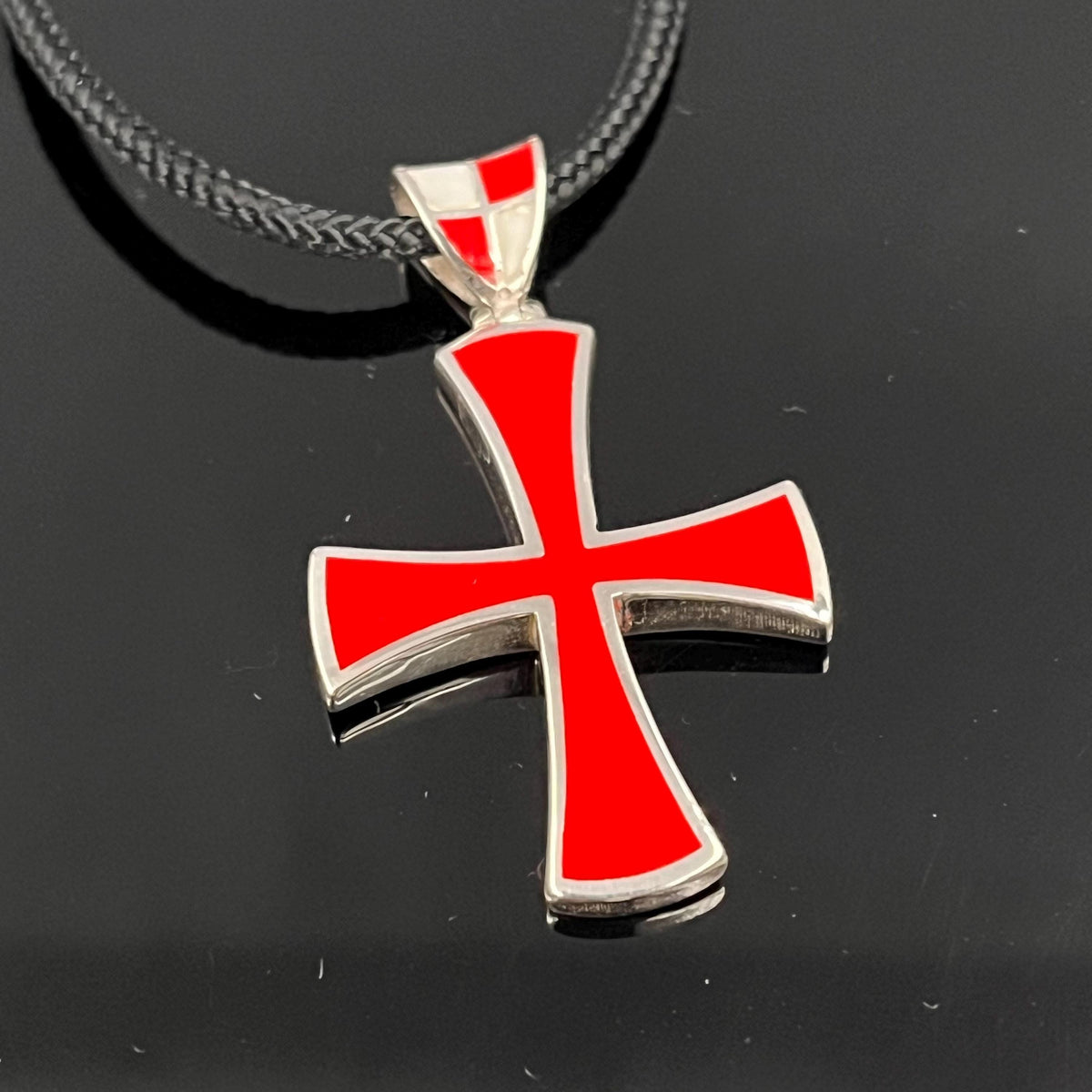 Handmade Sterling Silver Templar Cross Pendant: Red Enamel Jesuit Design
