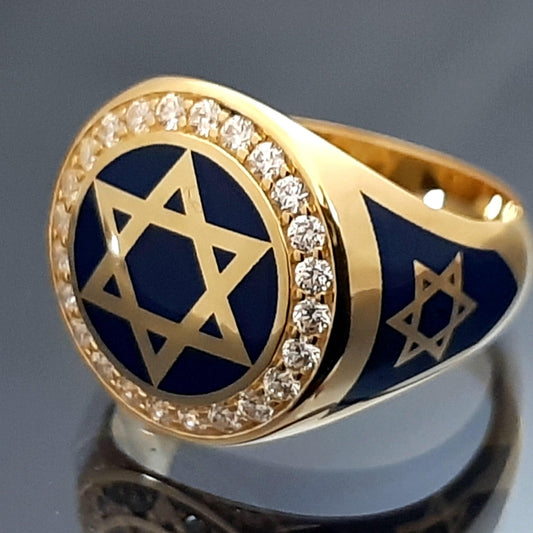 Star of David Ring: Solid Gold with Blue Enamel - Handmade Design — 2
