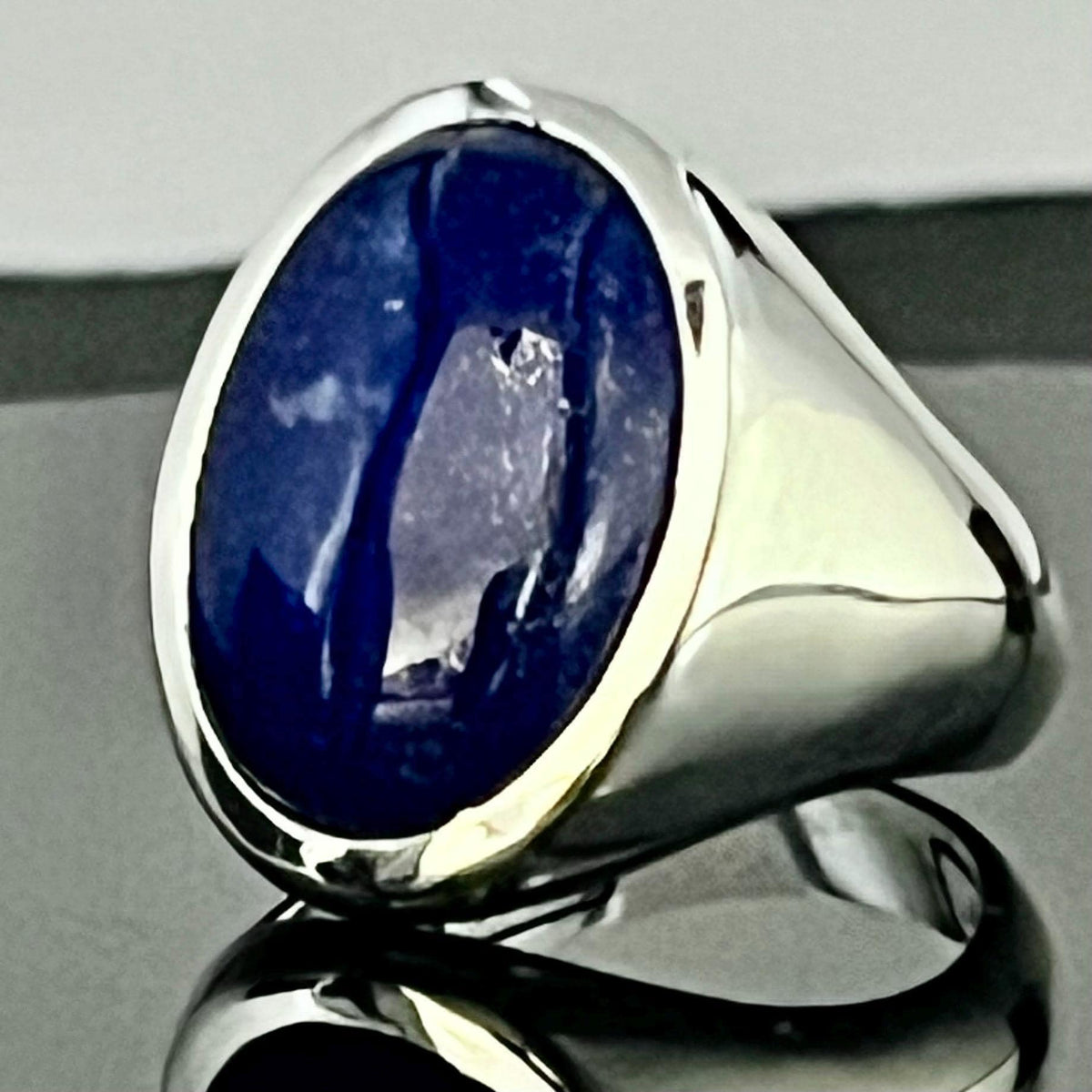 Oval Lapis Lazuli Ring - Solid Sterling Silver, Bold Blue Stone — 4