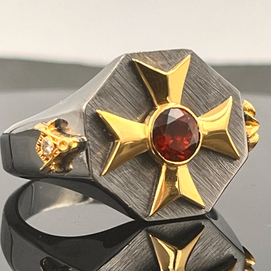 Masonic Sterling Silver Signet Ring: Freemason's Gold Cross, Garnet & Diamond — 3