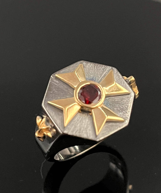 Masonic Sterling Silver Signet Ring: Freemason's Gold Cross, Garnet & Diamond — 5