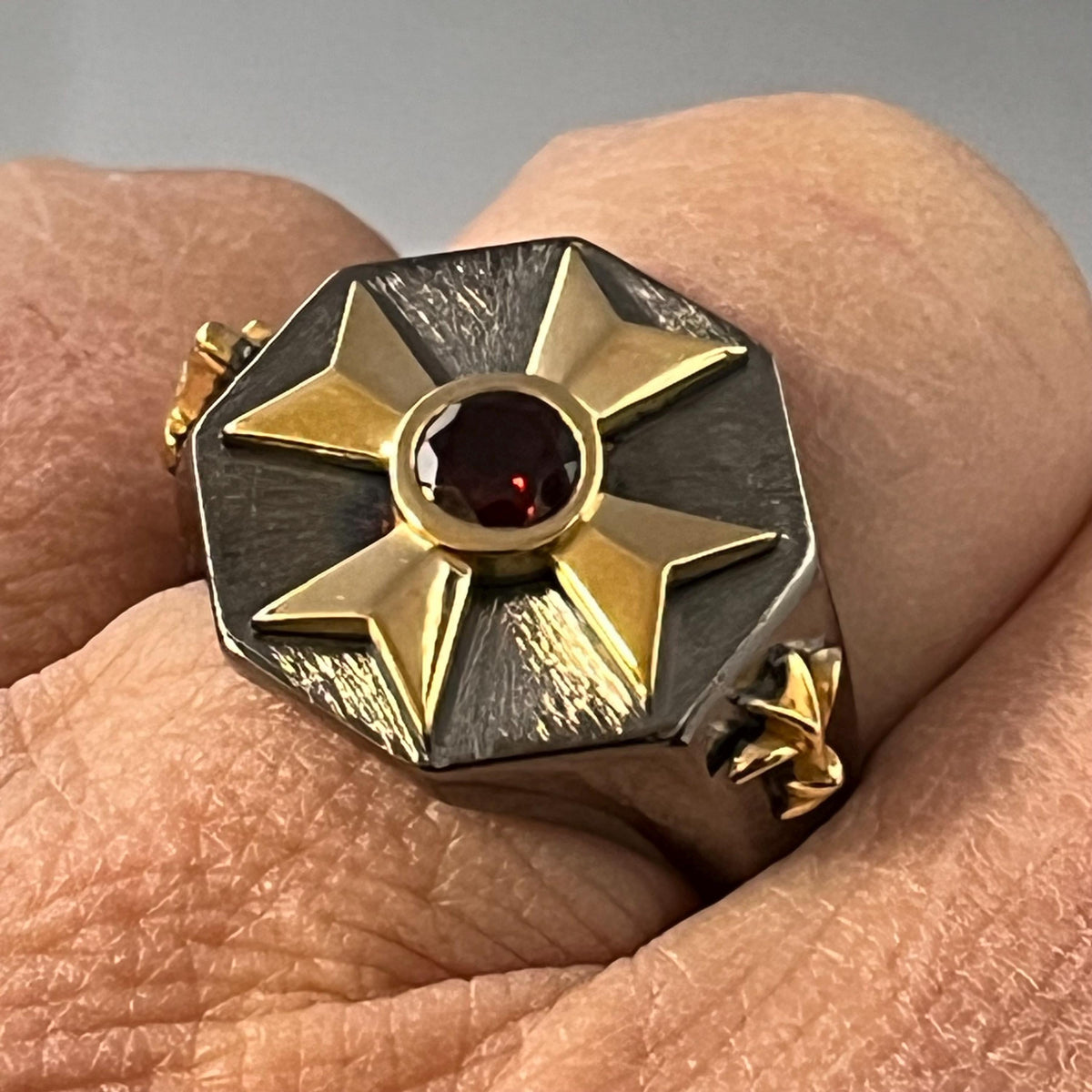 Masonic Sterling Silver Signet Ring: Freemason's Gold Cross, Garnet & Diamond — 6