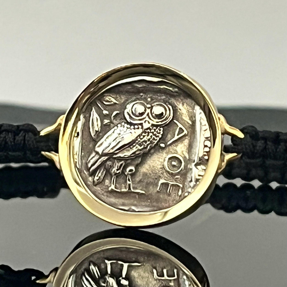 Athena Owl Coin Bracelet: Greek Mythology Jewelry (Adjustable Macrame, Gold-Plated)