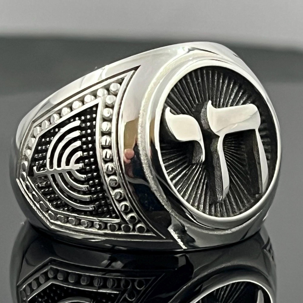 Sterling Silver Chai Signet Ring - Jewish  Shield, solid Chevalier