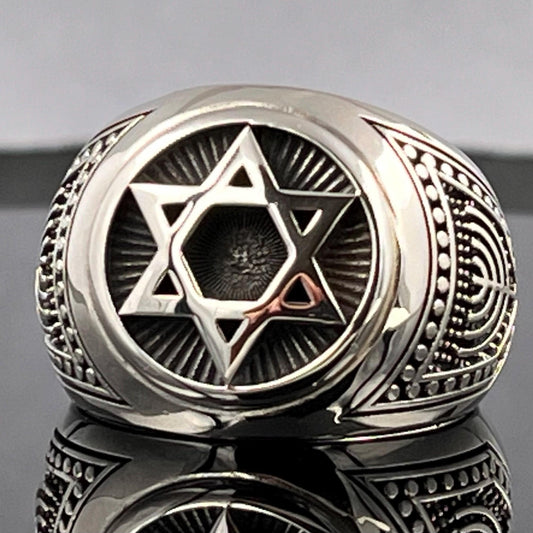 Jewish Star of David Ring - Oxidized Sterling Silver with Blue Details