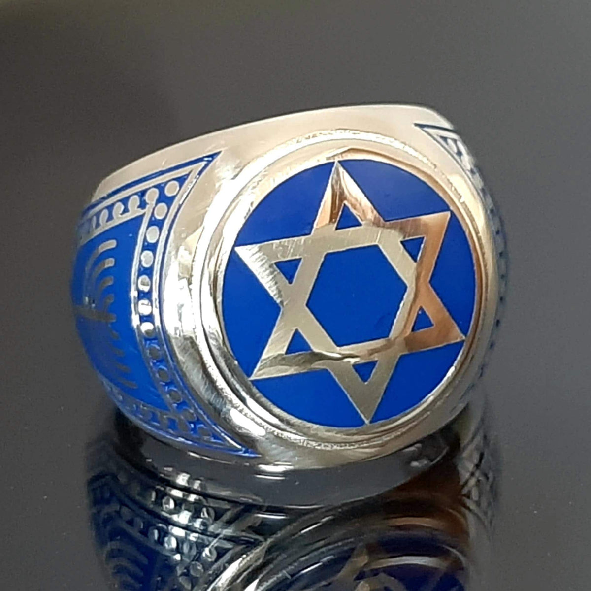 Jewish Star of David Ring - Oxidized Sterling Silver with Blue Details — 4