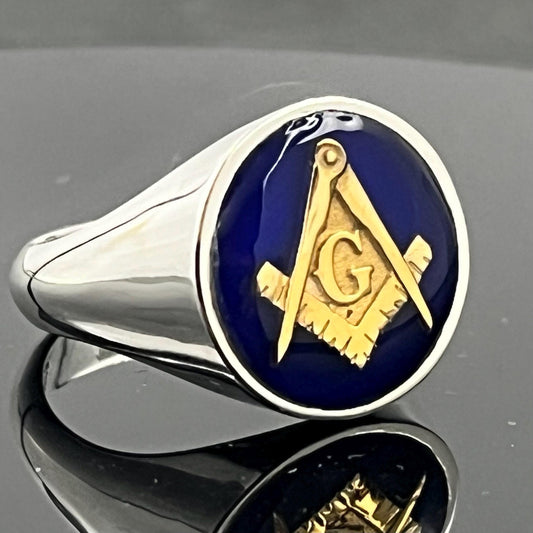 Handmade Sterling Silver Freemason Ring: Blue Enamel Compass, big Solid Chevalier
