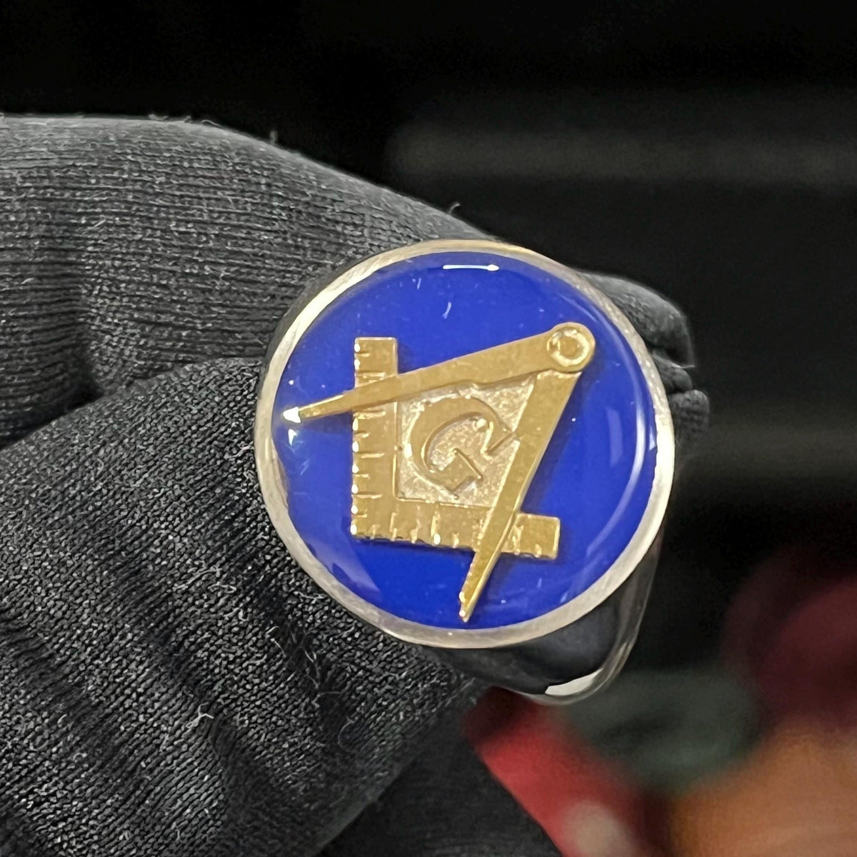 Handmade Sterling Silver Freemason Ring: Blue Enamel Compass, big Solid Chevalier — 2