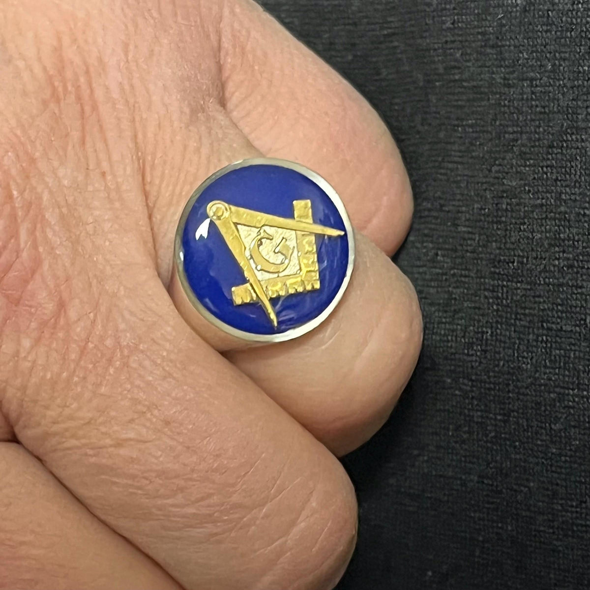 Handmade Sterling Silver Freemason Ring: Blue Enamel Compass, big Solid Chevalier — 5