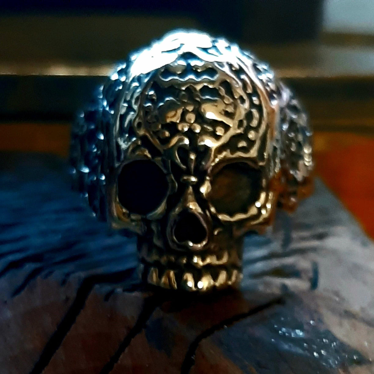 Sugar Skull Chevalier Ring - Sterling Silver Floral Design — 5