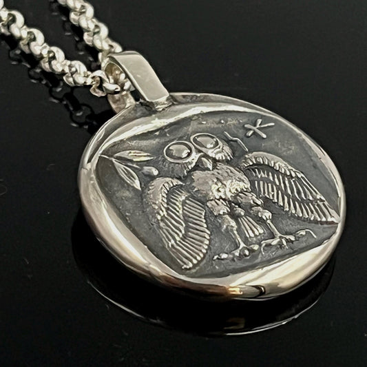 Greek Mythology Owl Pendant, Sterling Silver (Open Wings, 26mm)