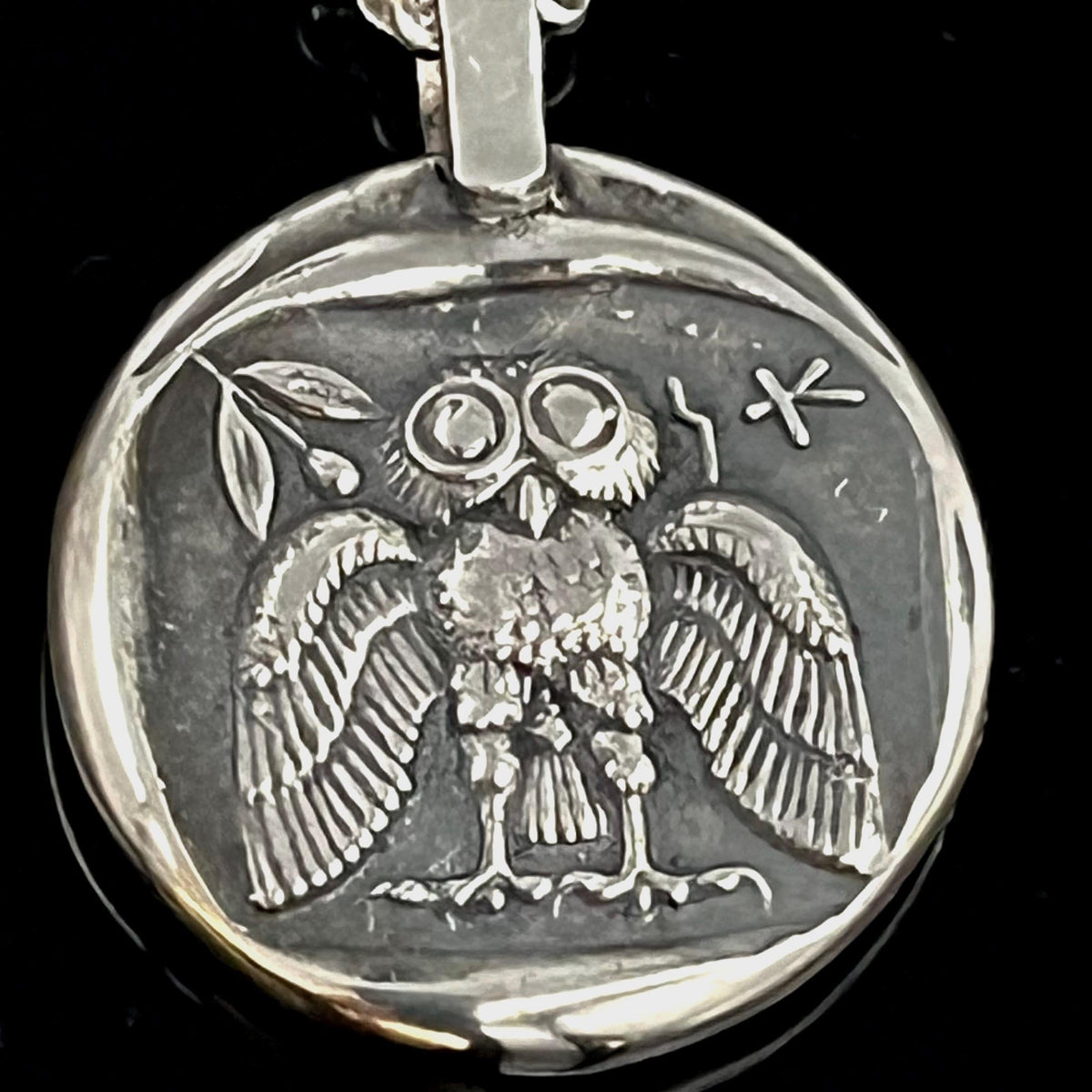 Greek Mythology Owl Pendant, Sterling Silver (Open Wings, 26mm) — 3