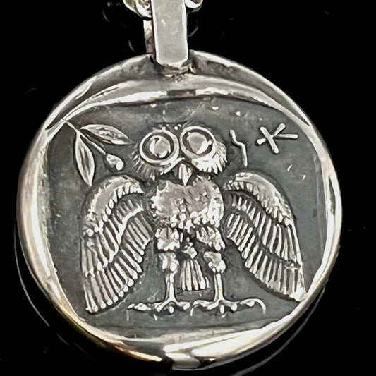 Greek Mythology Owl Pendant, Sterling Silver (Open Wings, 26mm) — 3