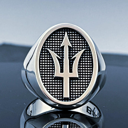 Sterling Silver Trident Ring: Large Oval Signet, Poseidon Jewelry — 5
