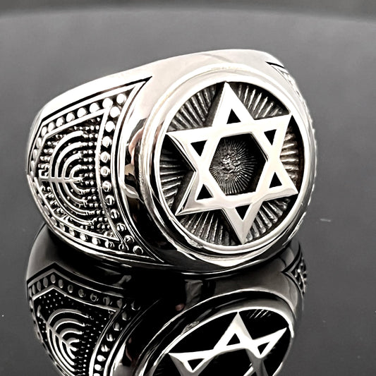 Sterling Silver Star of David Signet Ring - Jewish Solomon Shield, solid Chevalier