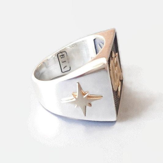 Sterling Silver Family Crest Ring: Oxidized Gold Letter, Square Top — 4