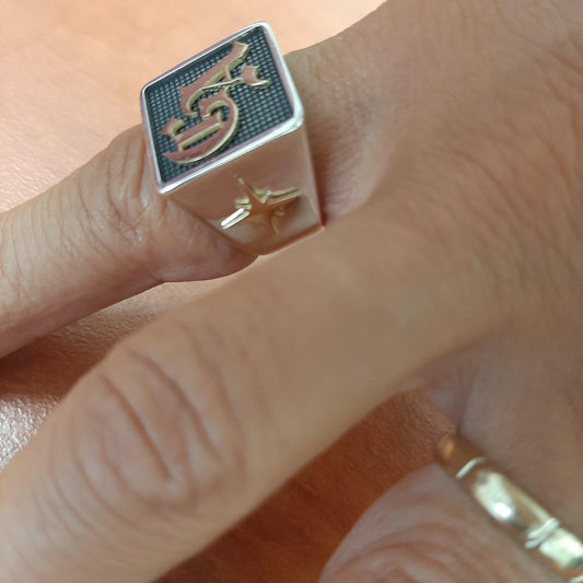 Sterling Silver Family Crest Ring: Oxidized Gold Letter, Square Top — 6