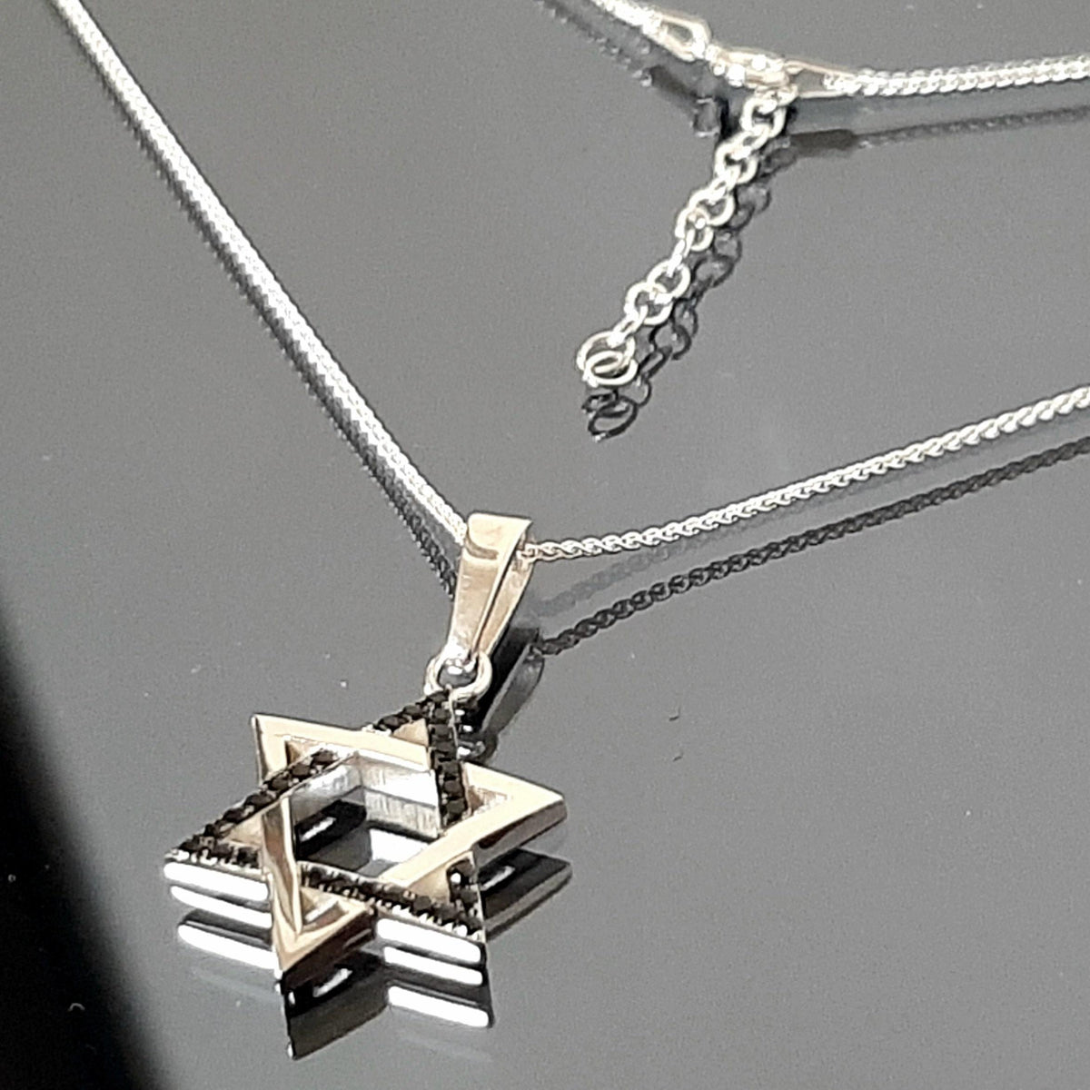 Star of David Necklace - Black Spinel on Sterling Silver Pendant — 7