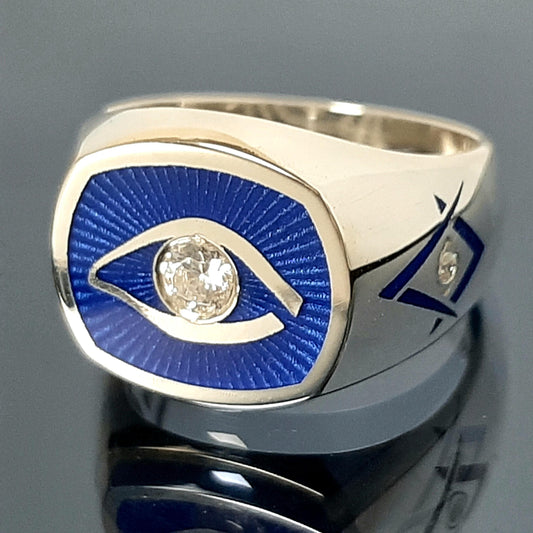Blue Masonic Eye Ring: Sterling Silver Scottish Rite with Zircon