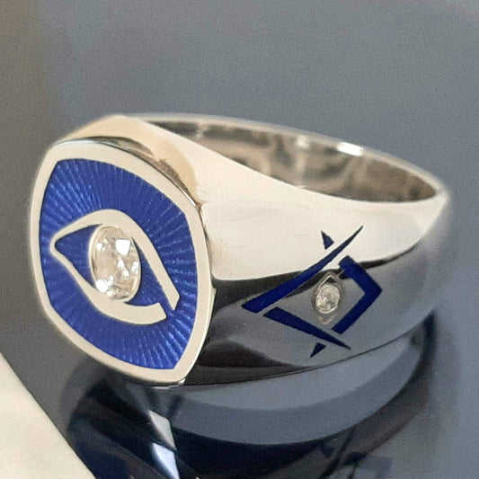 Blue Masonic Eye Ring: Sterling Silver Scottish Rite with Zircon — 2