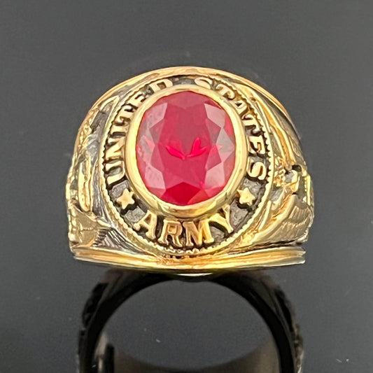 US Army Ring: Sterling Silver Vermeil with Red Ruby Stone — 7