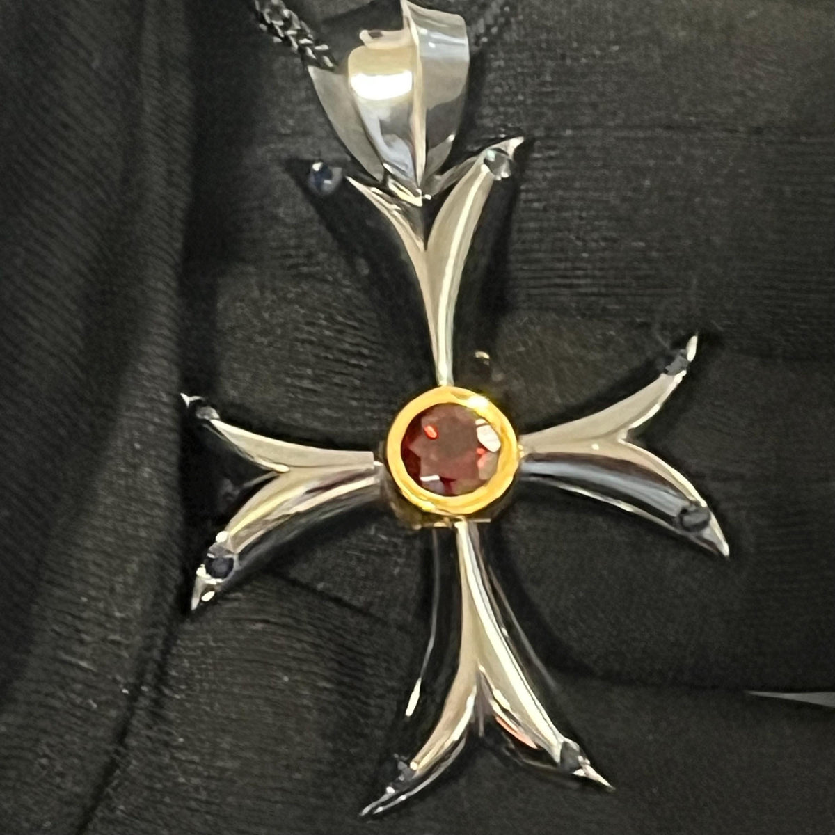 Templar Cross Pendant: Medieval Black Silver with Garnet and Sapphire (50mm) — 2