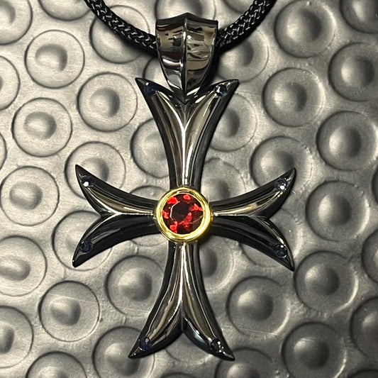 Templar Cross Pendant: Medieval Black Silver with Garnet and Sapphire (50mm) — 5