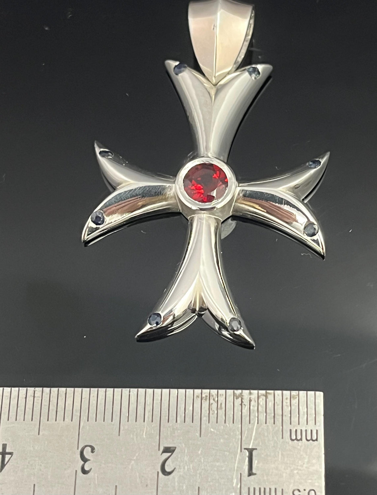 Templar Cross Pendant: Medieval Black Silver with Garnet and Sapphire (50mm) — 8