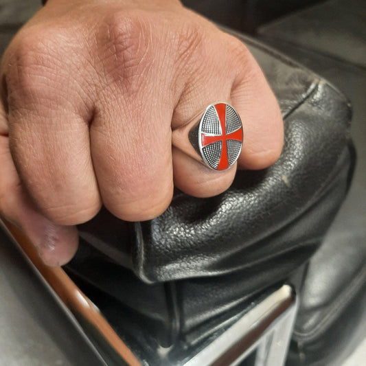 Templar Knight Ring: Red Enamel Cross - Sterling Silver Signet — 2