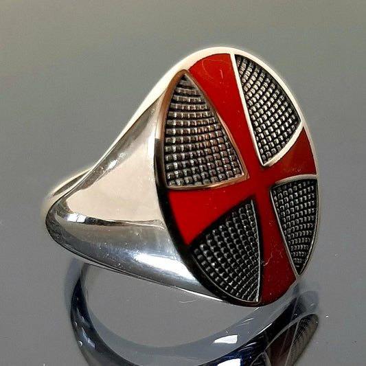 Templar Knight Ring: Red Enamel Cross - Sterling Silver Signet — 5
