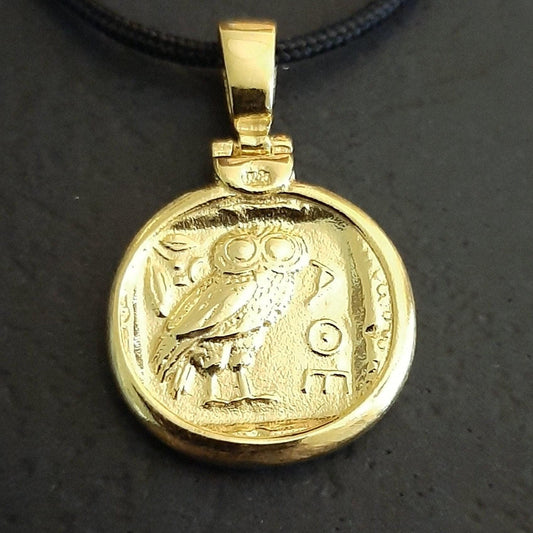 Athena Owl Coin Necklace, Solid Gold Pendant (17-22 inch Cord)