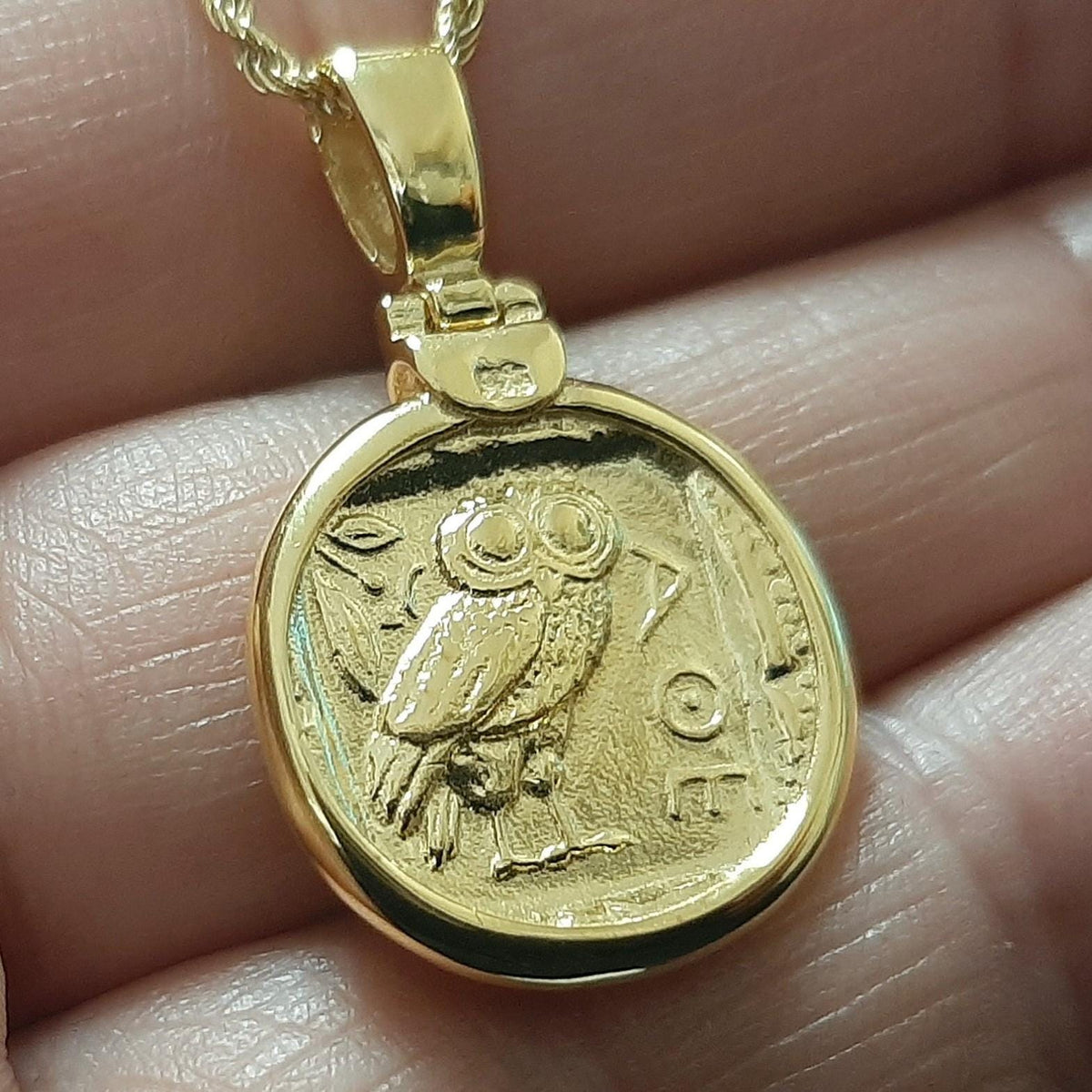 Athena Owl Coin Necklace, Solid Gold Pendant (17-22 inch Cord)