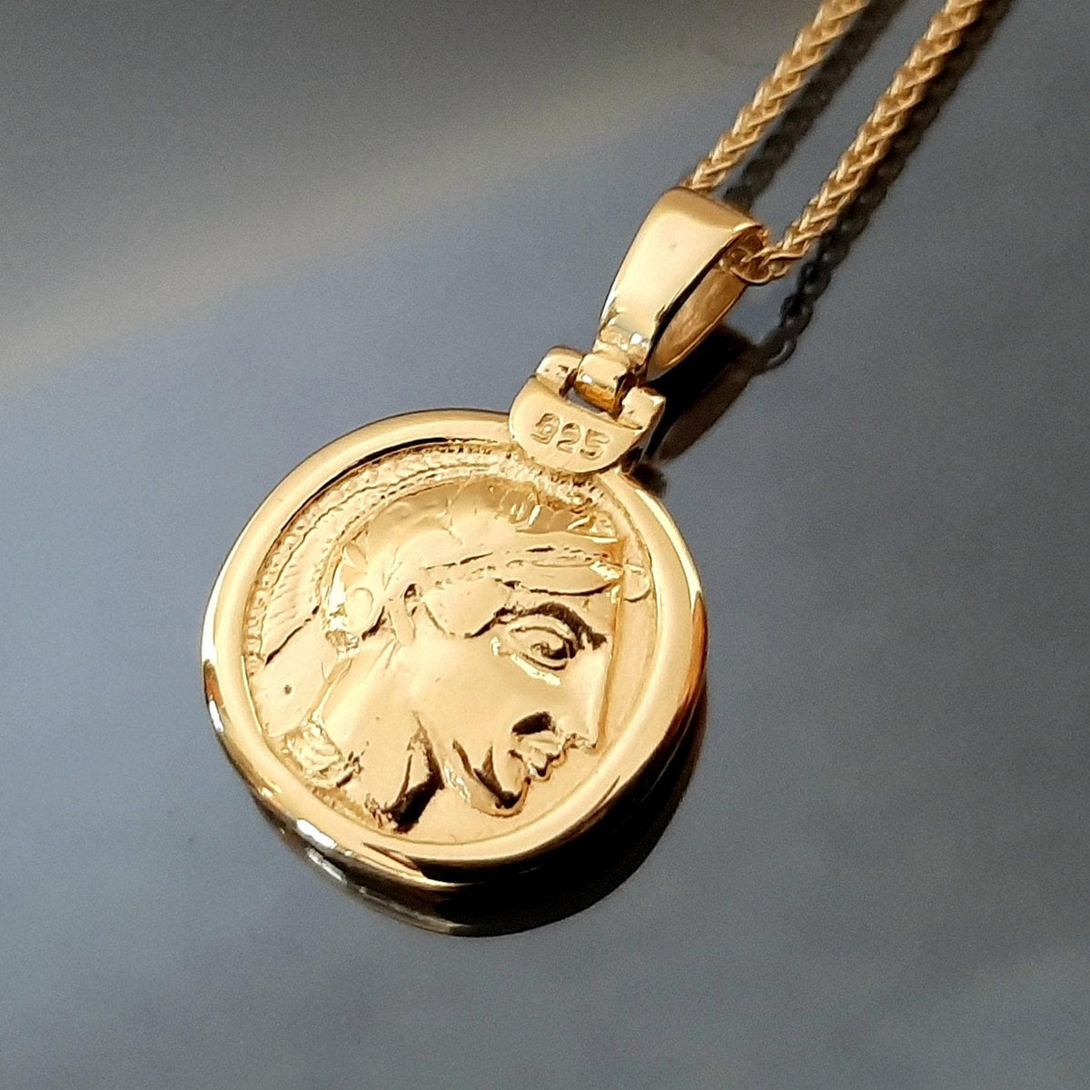 Athena Owl Coin Necklace, Solid Gold Pendant (17-22 inch Cord)