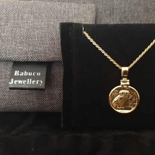 Athena Owl Coin Necklace, Solid Gold Pendant (17-22 inch Cord)
