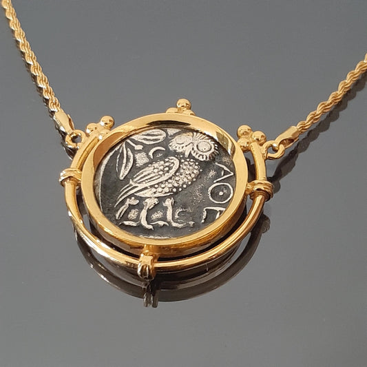Athena Owl Coin Necklace - Sterling Silver, Gold-Plated Base